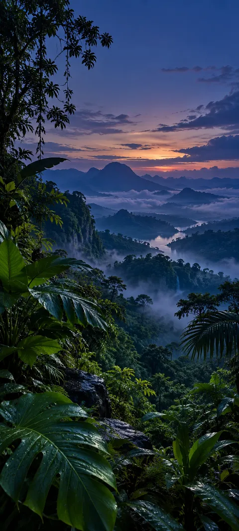 Broad leaves and green ridges appear through humid forest air.