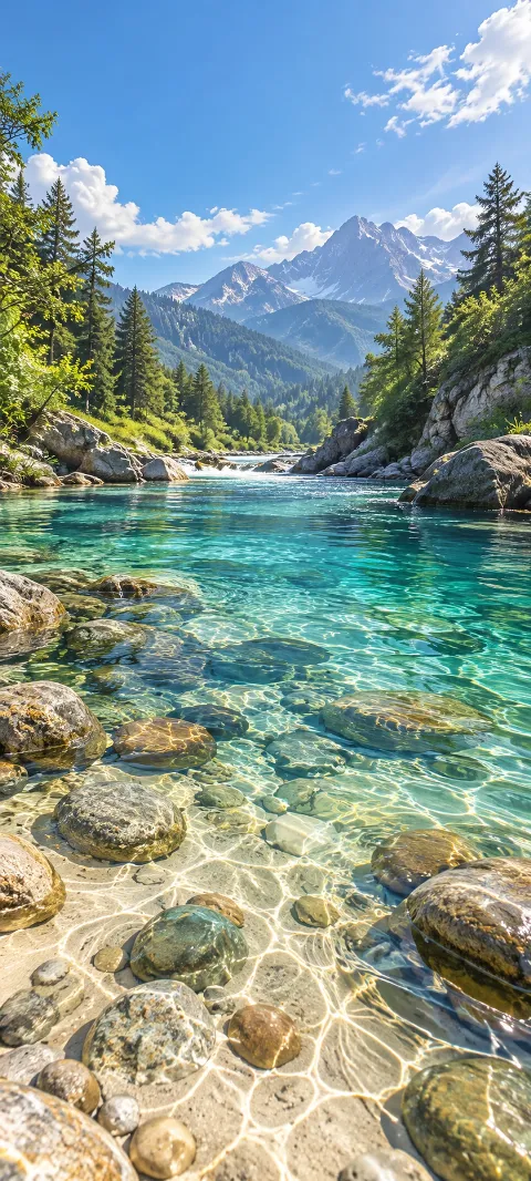 Clear river water flows over rounded stones.