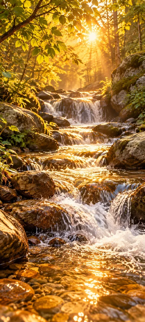 A creek cascades over warm stones beneath forest leaves.