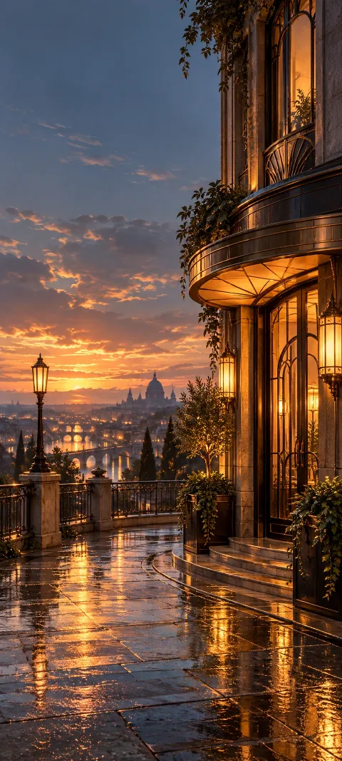 An art deco terrace with warm lamps above a city at evening.