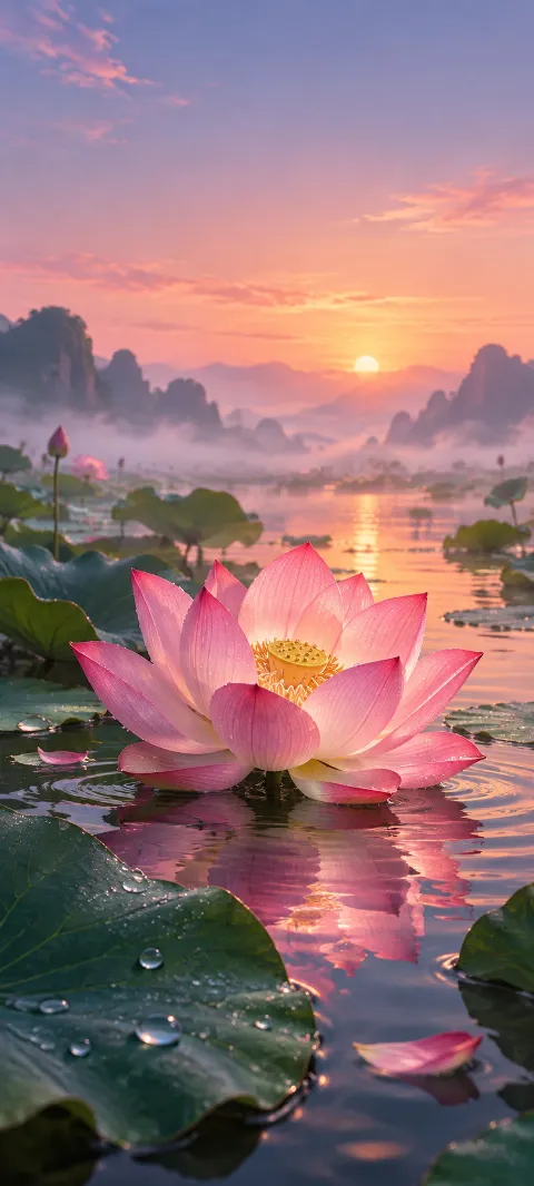A pink lotus floats above quiet water and round leaves.