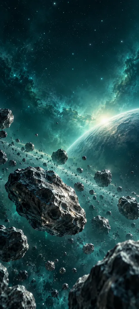 Silver asteroids drift through a teal star field.