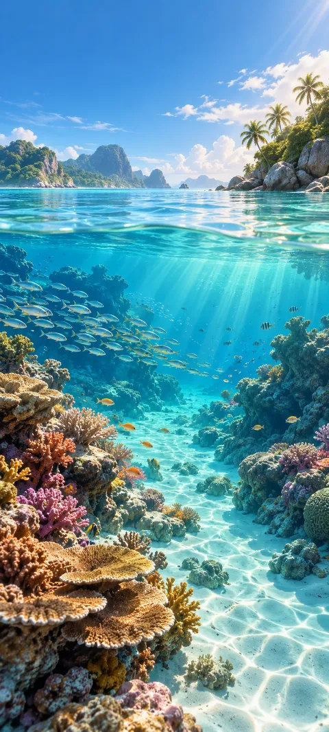 Sunlight reaches a coral lagoon with small fish.