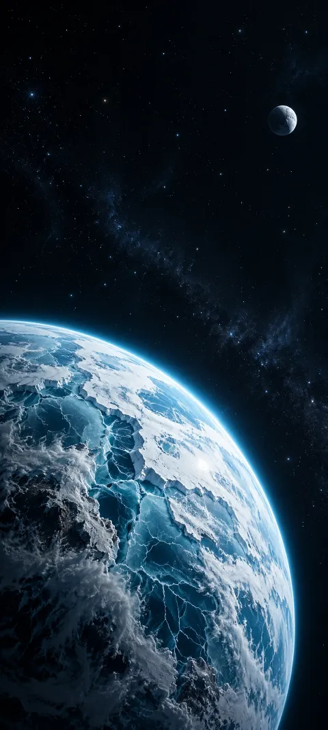 Blue white glacier planet filling the lower left with a cyan halo and a small distant moon.