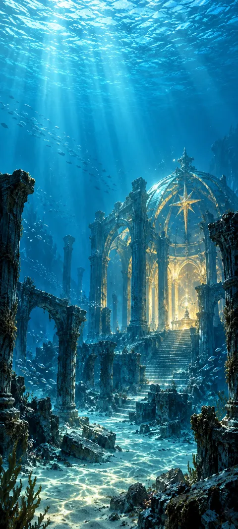 A half-sunken imagined temple glows beneath shallow blue water.