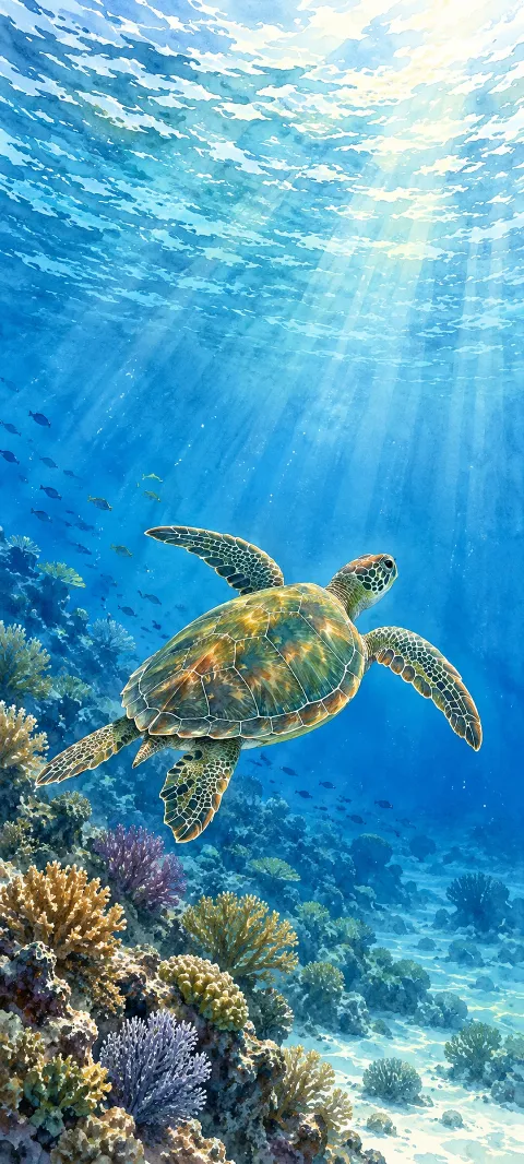 Whole sea turtle above a watercolor coral reef in blue sunbeams.