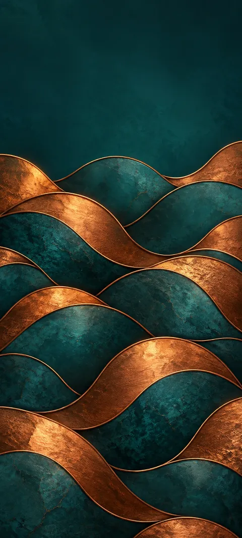 Repeating copper wave tiles interlock over deep teal.