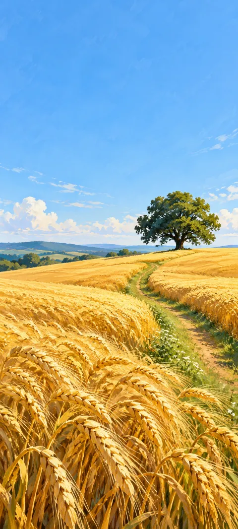 Golden wheat surrounding a grassy path to a lone oak tree under blue sky.