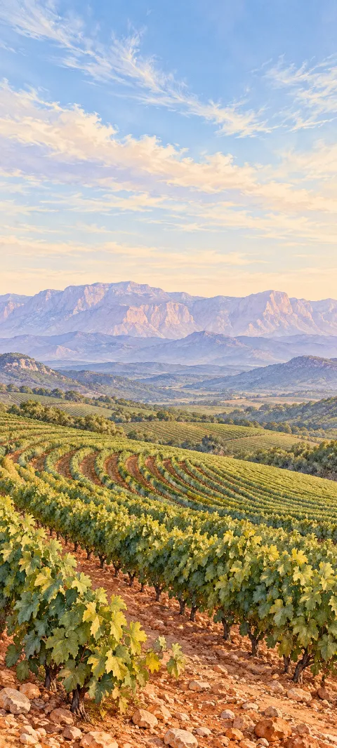 Curved grapevine rows across terracotta soil beneath lavender mountains.