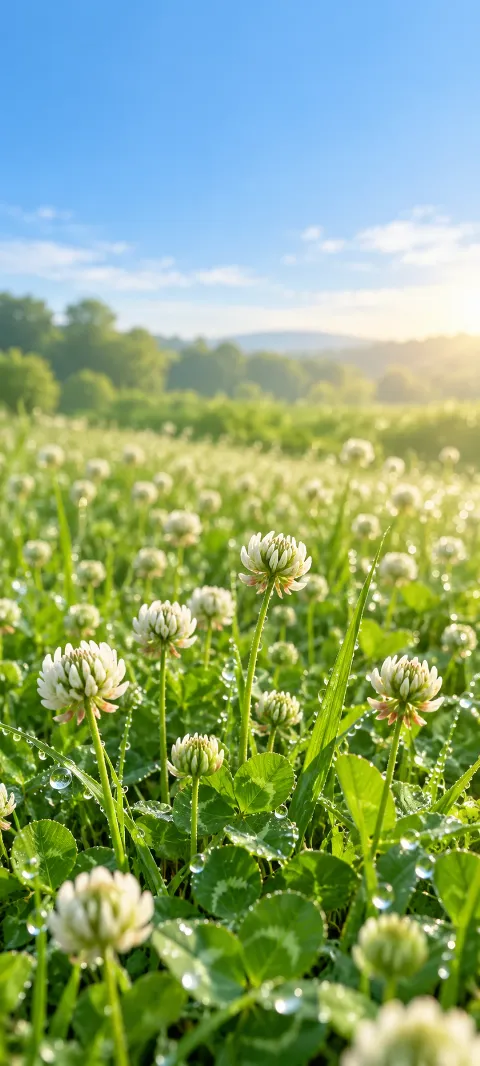 White clover heads rise through a sunlit meadow.