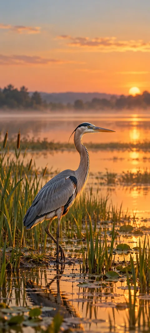 A whole gray heron standing among reeds in warm copper marsh light.
