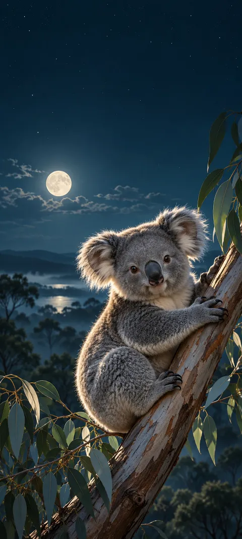 Gray koala gripping a eucalyptus trunk beneath a full moon and a dark blue sky.