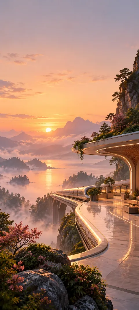 Curved cliffside station and train overlooking a misty sunrise valley.