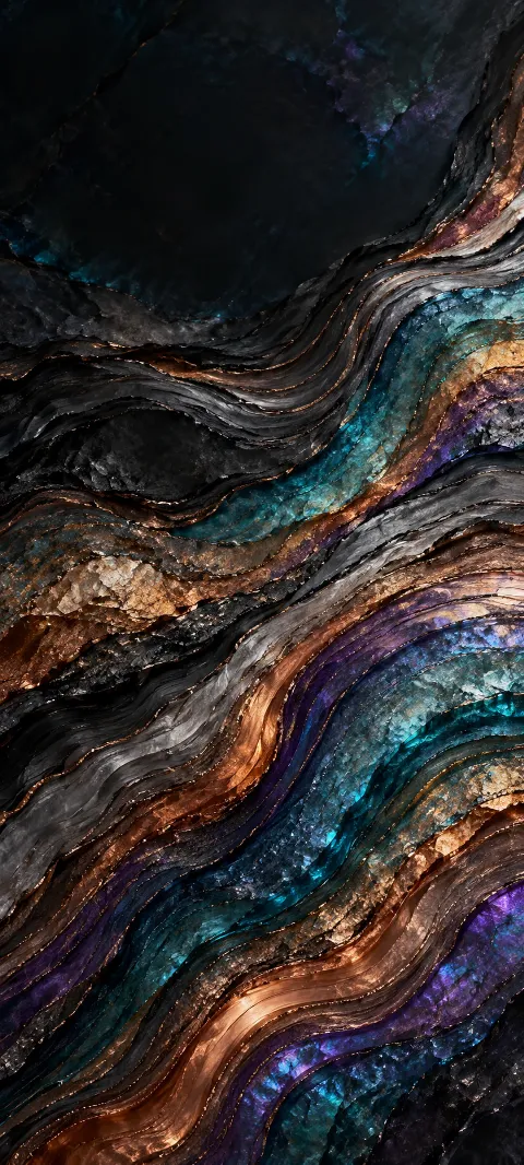 Layered graphite, copper, teal and violet mineral ripples sweep across a dark textured surface.