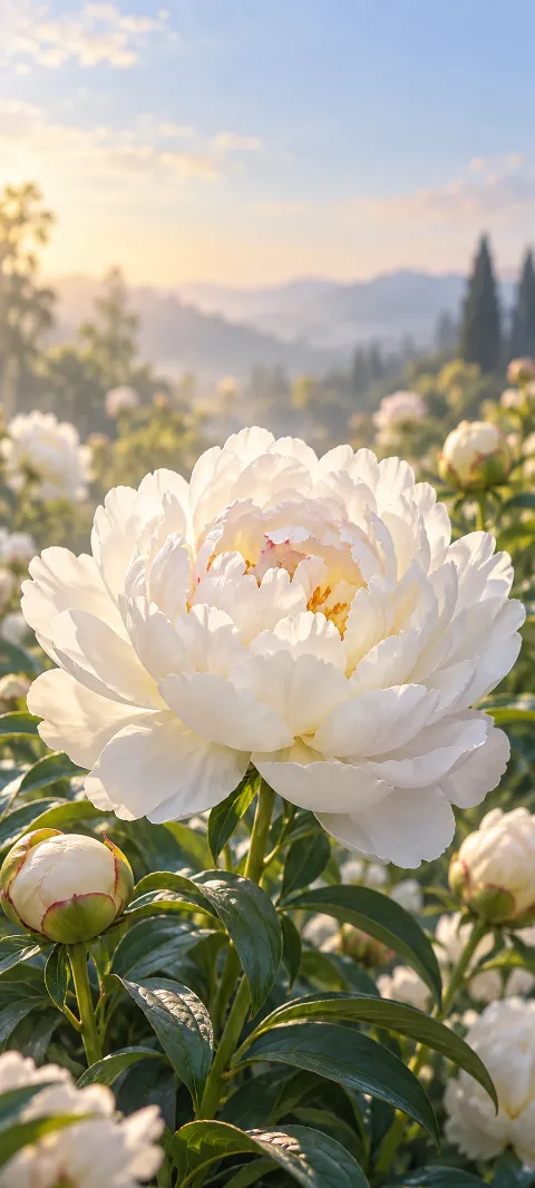 A white peony opens in soft diffuse garden light.