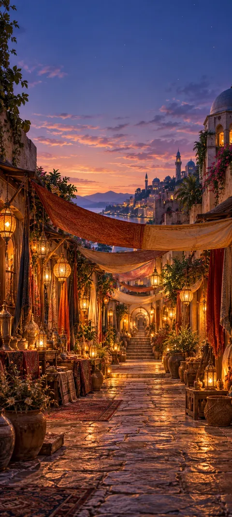 A lantern-lit market lane runs beneath fabric canopies at dusk.