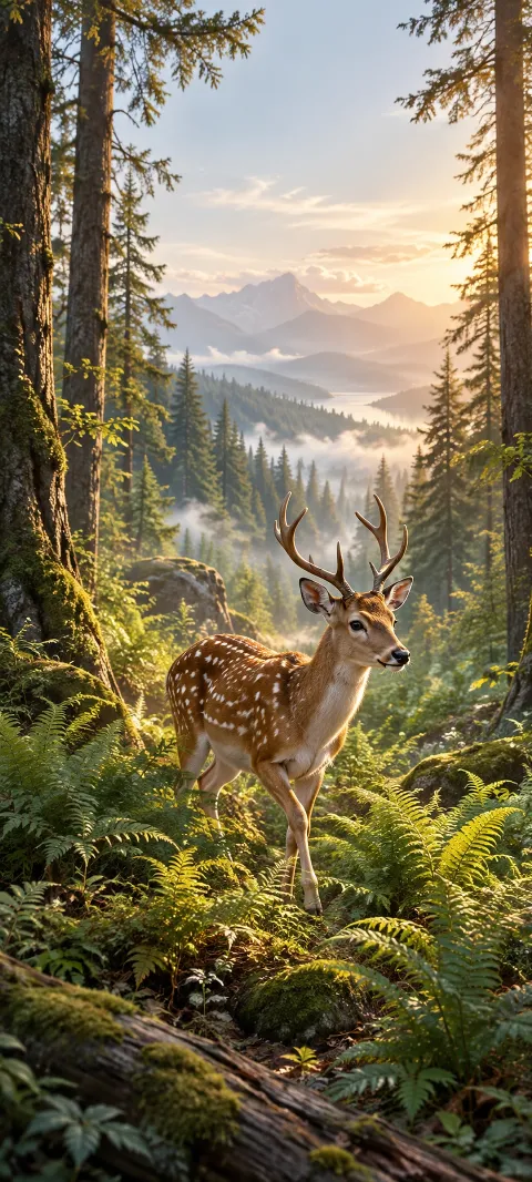 A spotted deer steps through ferns beneath tall trees.