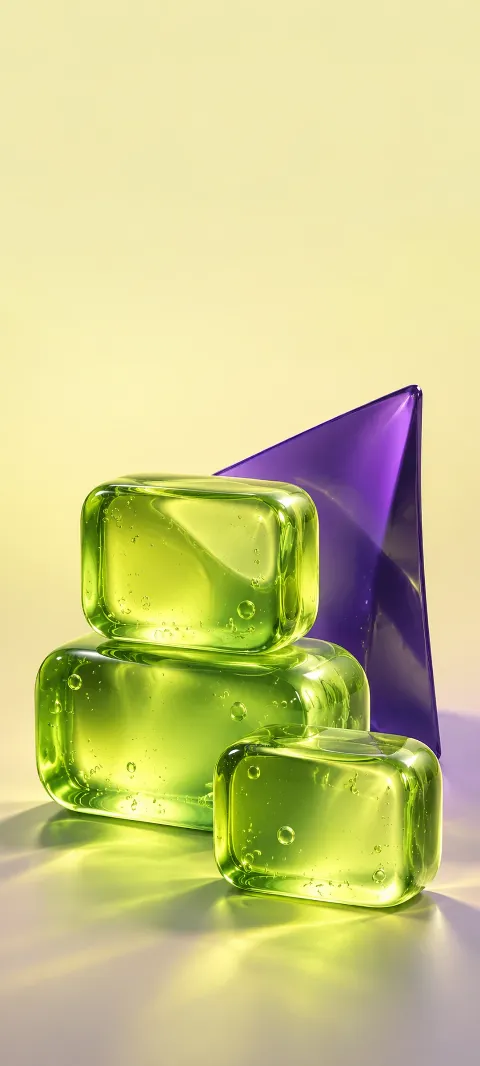 Translucent lime gel blocks with tiny bubbles in front of a violet panel.