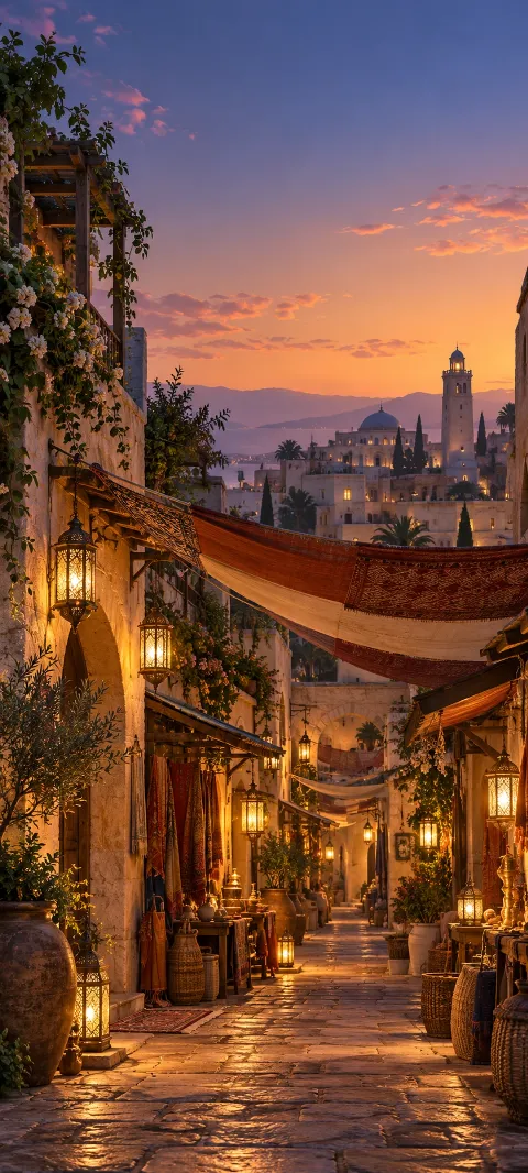 A quiet market canopy shelters a lane of warm lights.