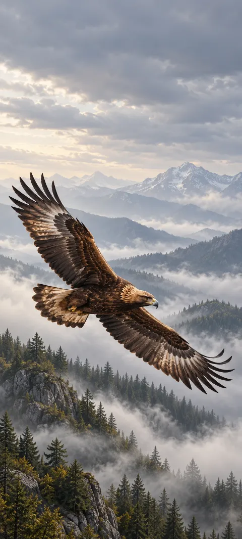 Golden eagle banking with spread wings over misty forested mountains.