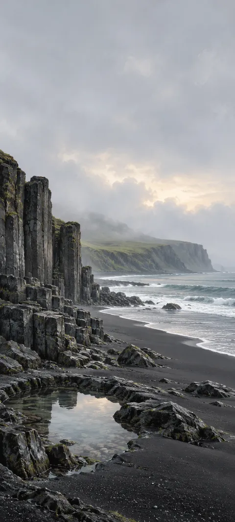 Basalt columns beside black sand, a reflective tide pool and a misty sea.