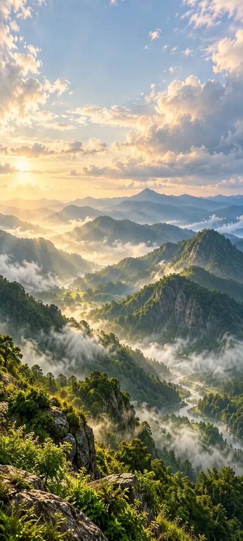 Green mountain folds recede beneath soft cloud.