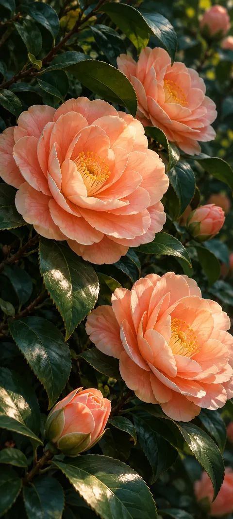 Peach camellia blossoms sit in deep leafy shade.