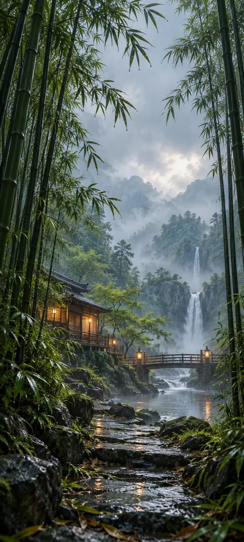 Bamboo frames a rainy stream, bridge, lodge, and distant waterfalls.