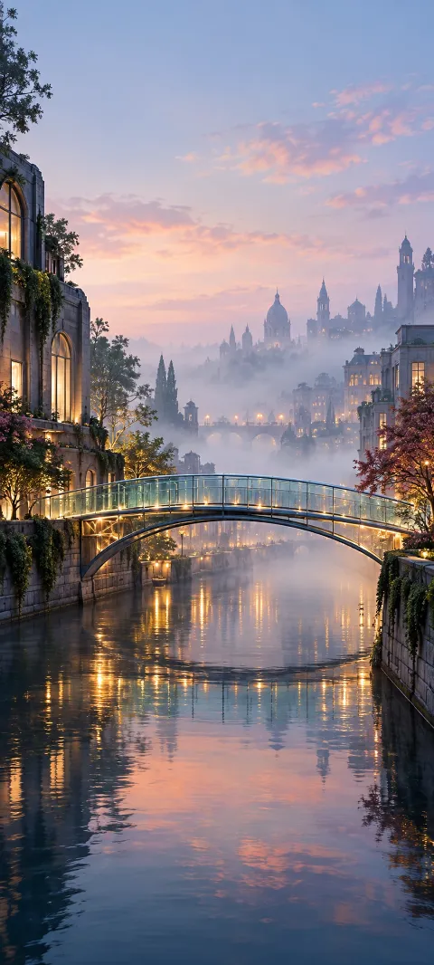 A glass footbridge crosses a foggy canal in an illuminated city.