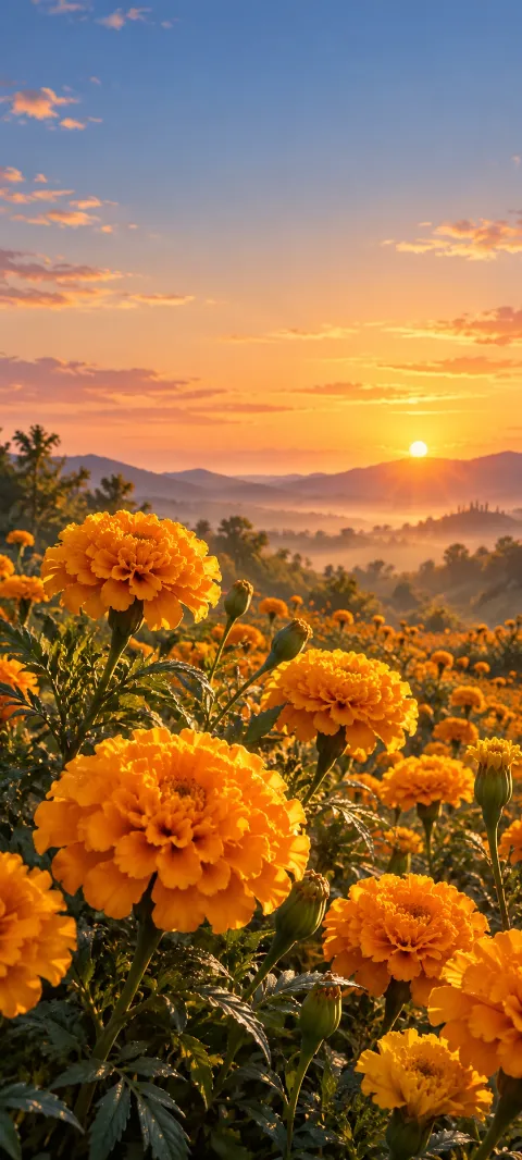 Golden marigold petals rise from dark green stems.