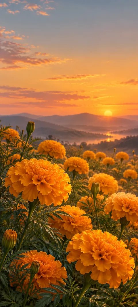Golden marigold petals rise from dark green stems.