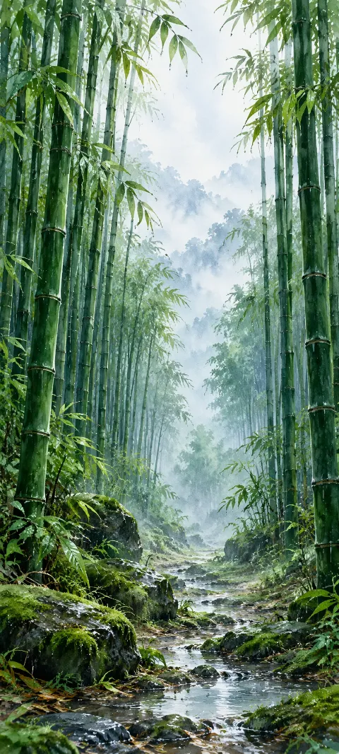 Rainy emerald bamboo around a wet mossy clearing fading into pale mist.