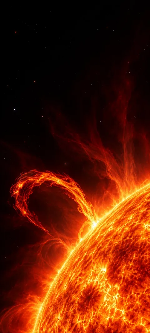 Orange plasma loop and red wisps rise from a bright curved stellar surface into black space.