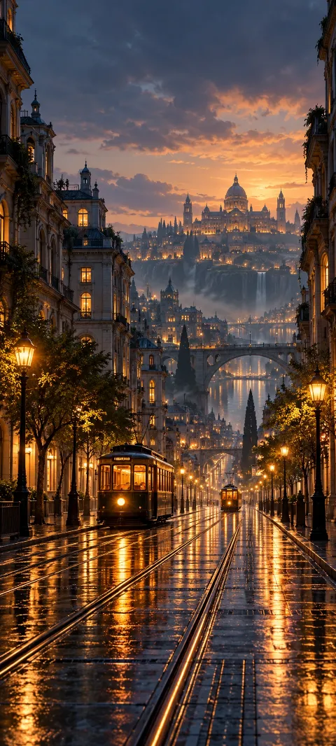 A rainlit tram avenue curves between pale modern buildings.