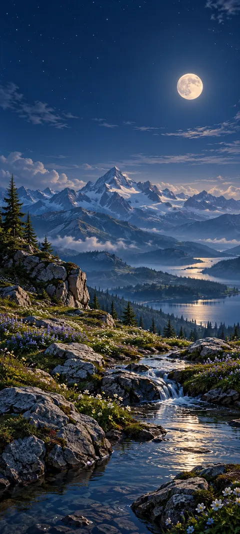 An alpine shelf glows beneath a clear moonlit sky.