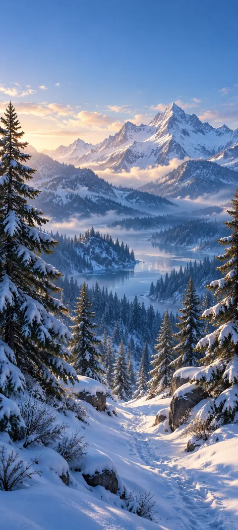 Snowy pines open onto a blue-shadowed hollow and trail.