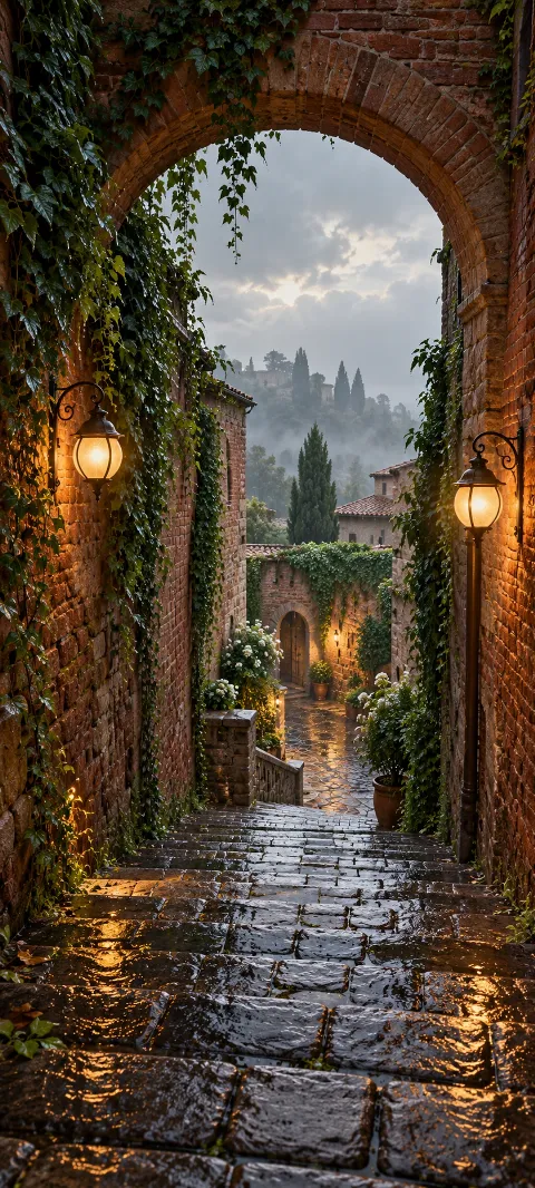 Brick arch with ivy and glowing lanterns over wet stairs leading into a courtyard.