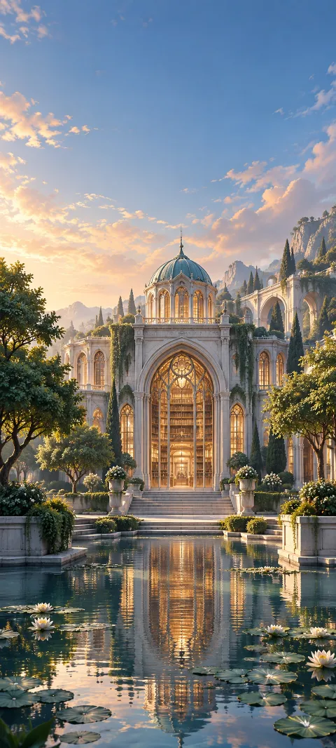 An imagined library façade sits behind trees and shallow water.