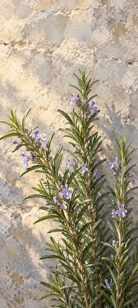 Green rosemary stems with small violet flowers against a pale textured stone wall.