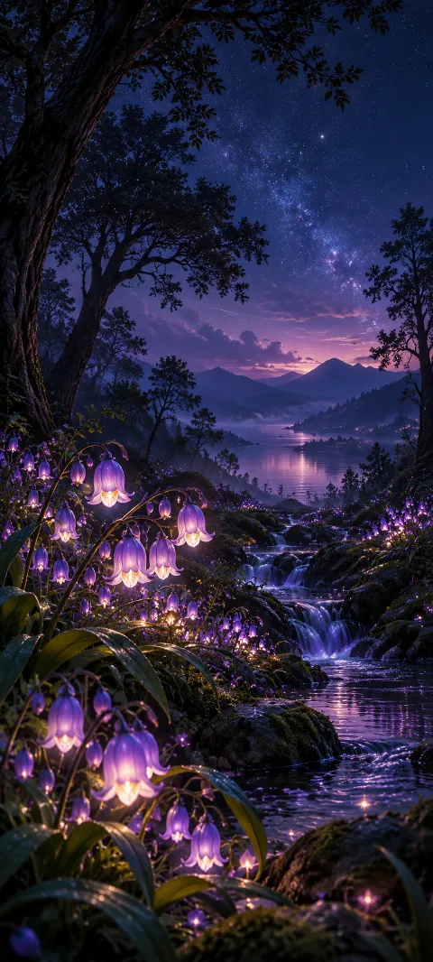 Violet bell-shaped flowers glow beneath dark trees.