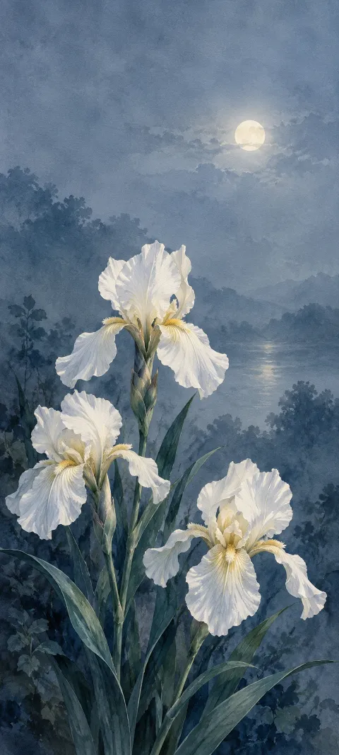 Three white iris flowers with green leaves beside a moonlit blue water background.