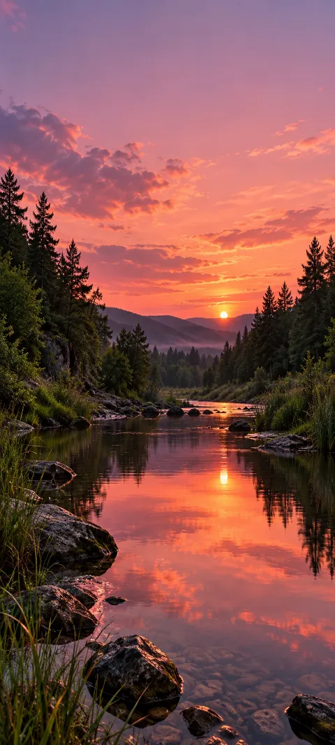 A creek reflects a rose sunset between dark banks.