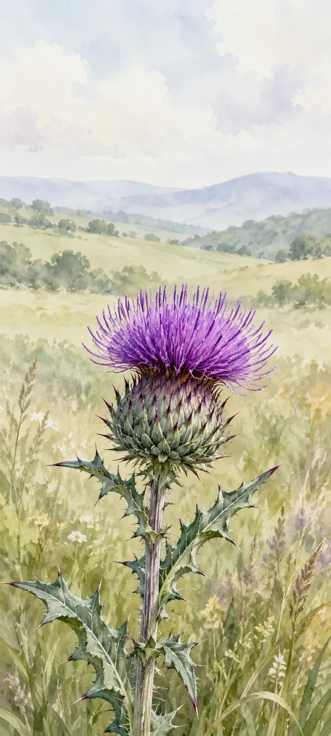 A purple thistle with a spiny head and gray-green leaves in a pale meadow.
