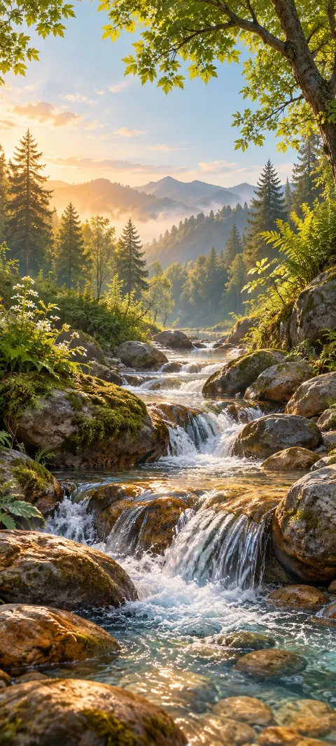 A forest creek cascades over warm mossy stones.
