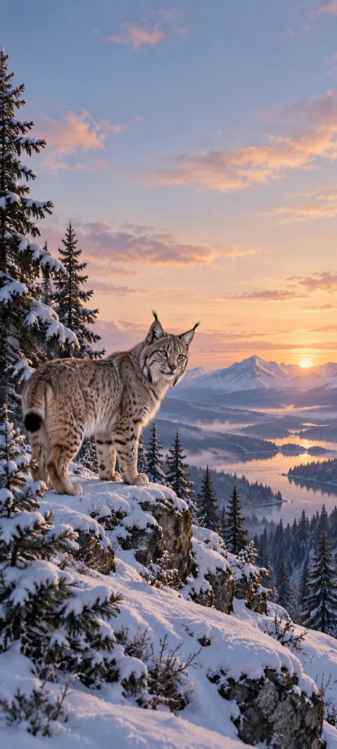 A lynx watches from a snowy spruce edge.