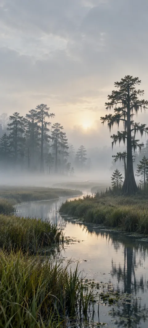 Misty cypress swamp with grasses and a narrow reflective channel.