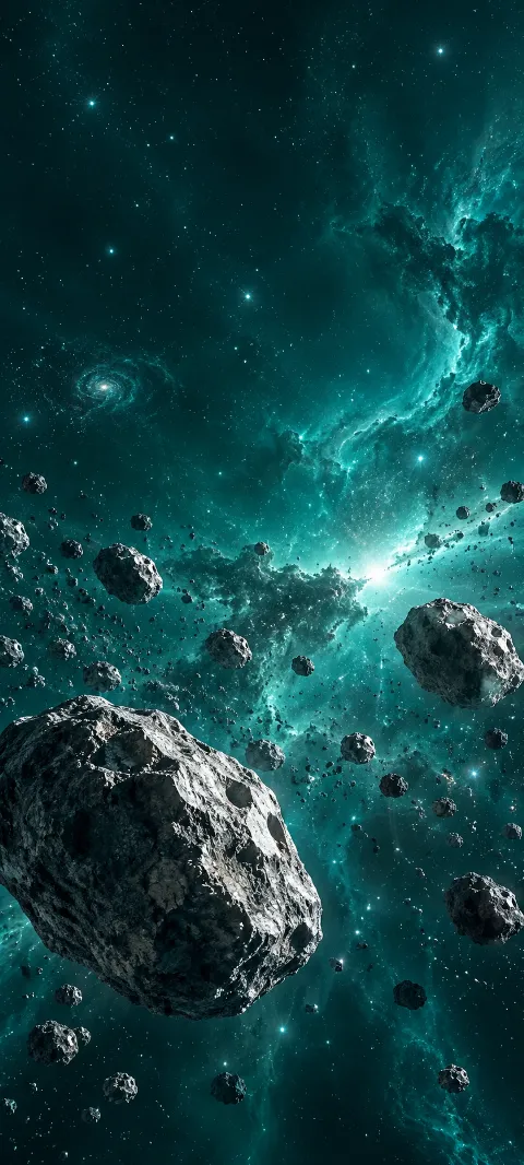 Silver asteroids drift through a teal star field.