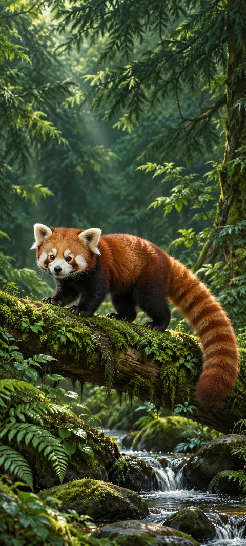 A whole red panda with a long ringed tail standing on a mossy log in forest shade.