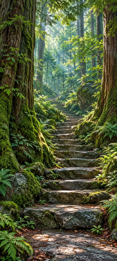 Mossy stone steps rising between cedar trunks and ferns in a sunlit forest.