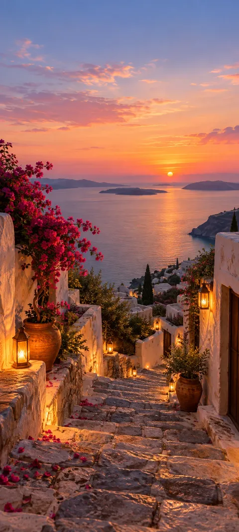 Stone steps descend between warm lanterns and plaster walls.
